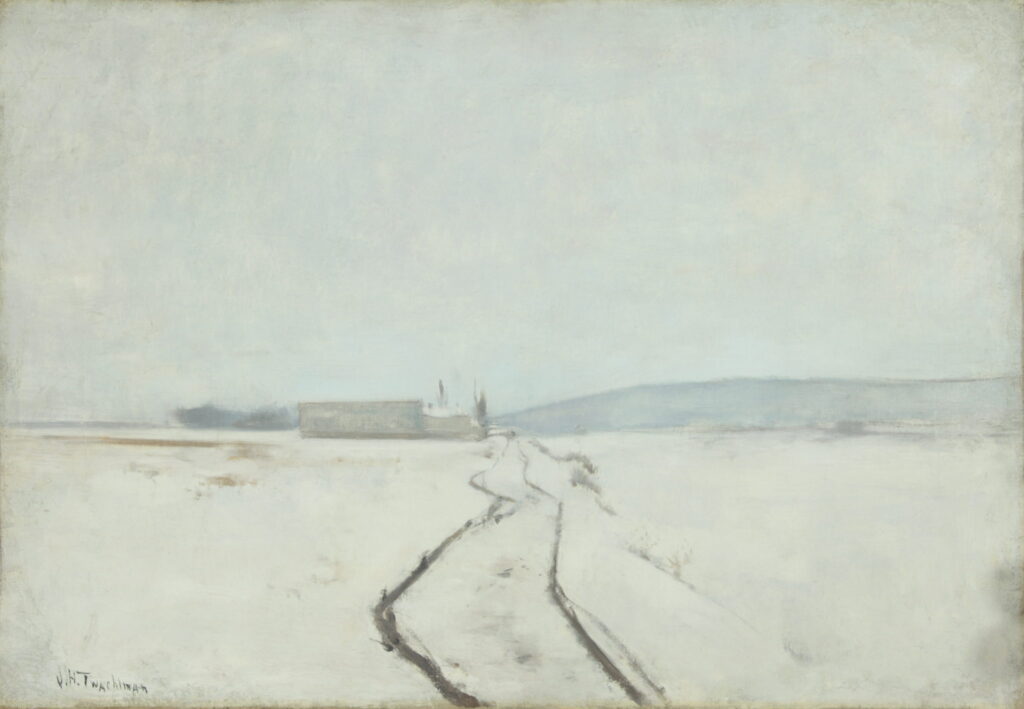 snow covered farm with abstract lines depicting two fences leading toward the horizon line.