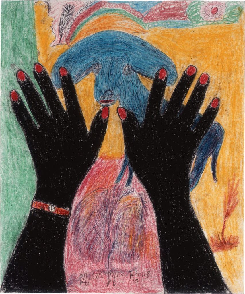 Black hands with red fingernails spread in the foreground with a blue dog and fanciful colors in the background.