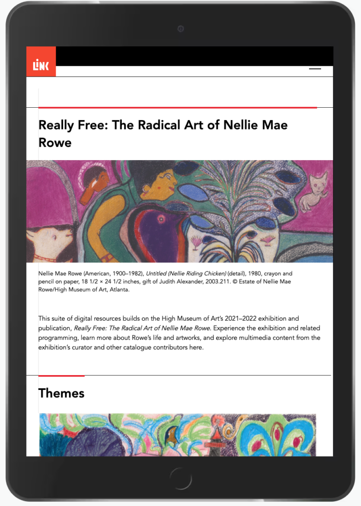 Graphic showing the Nellie Mae Rowe LINK archive pulled up on an ipad.